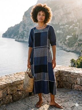 Manan Sehr Metallic Linen Piping Dress - Navy Size Small 100% Linen